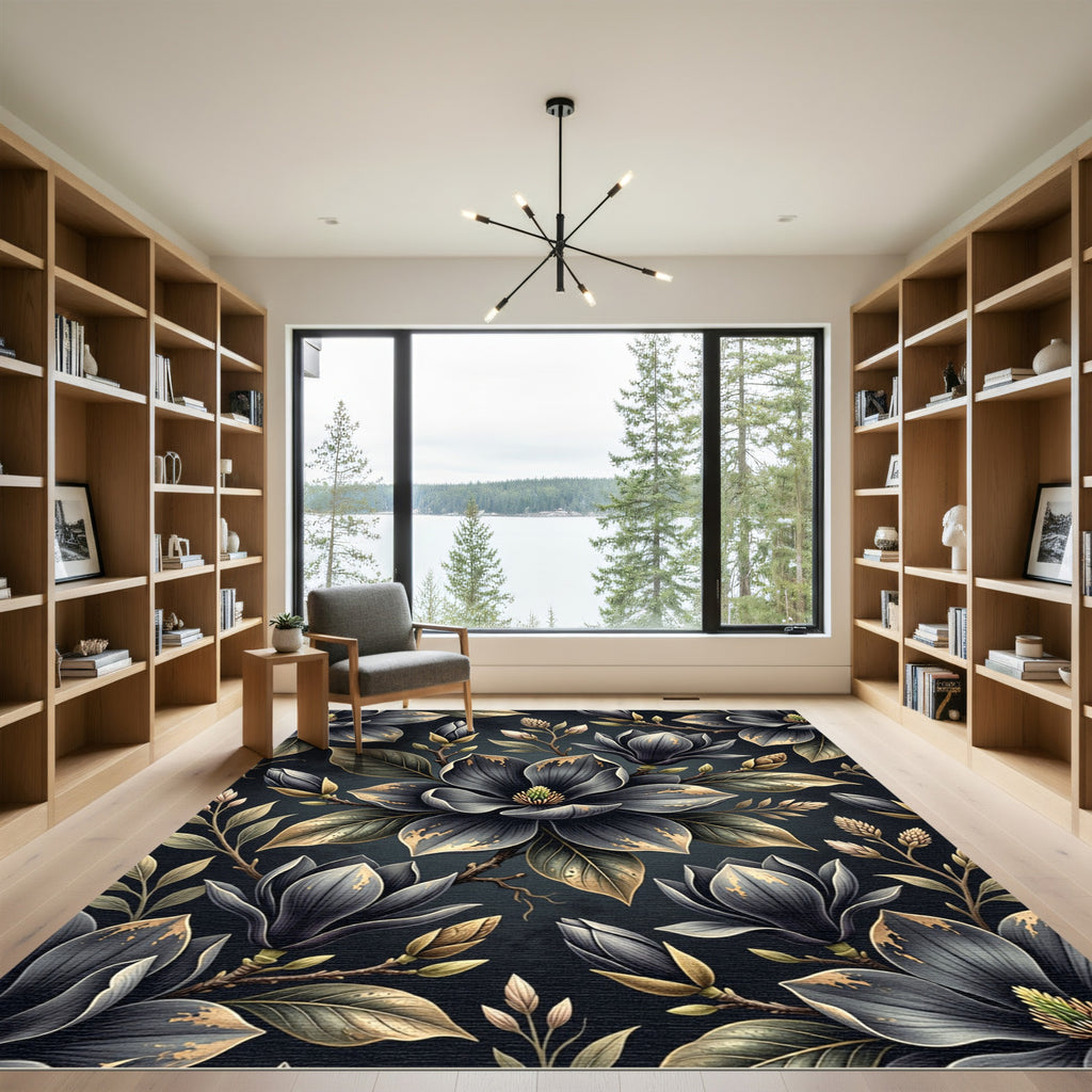 Dark Gray Magnolia Floral Branches Rug