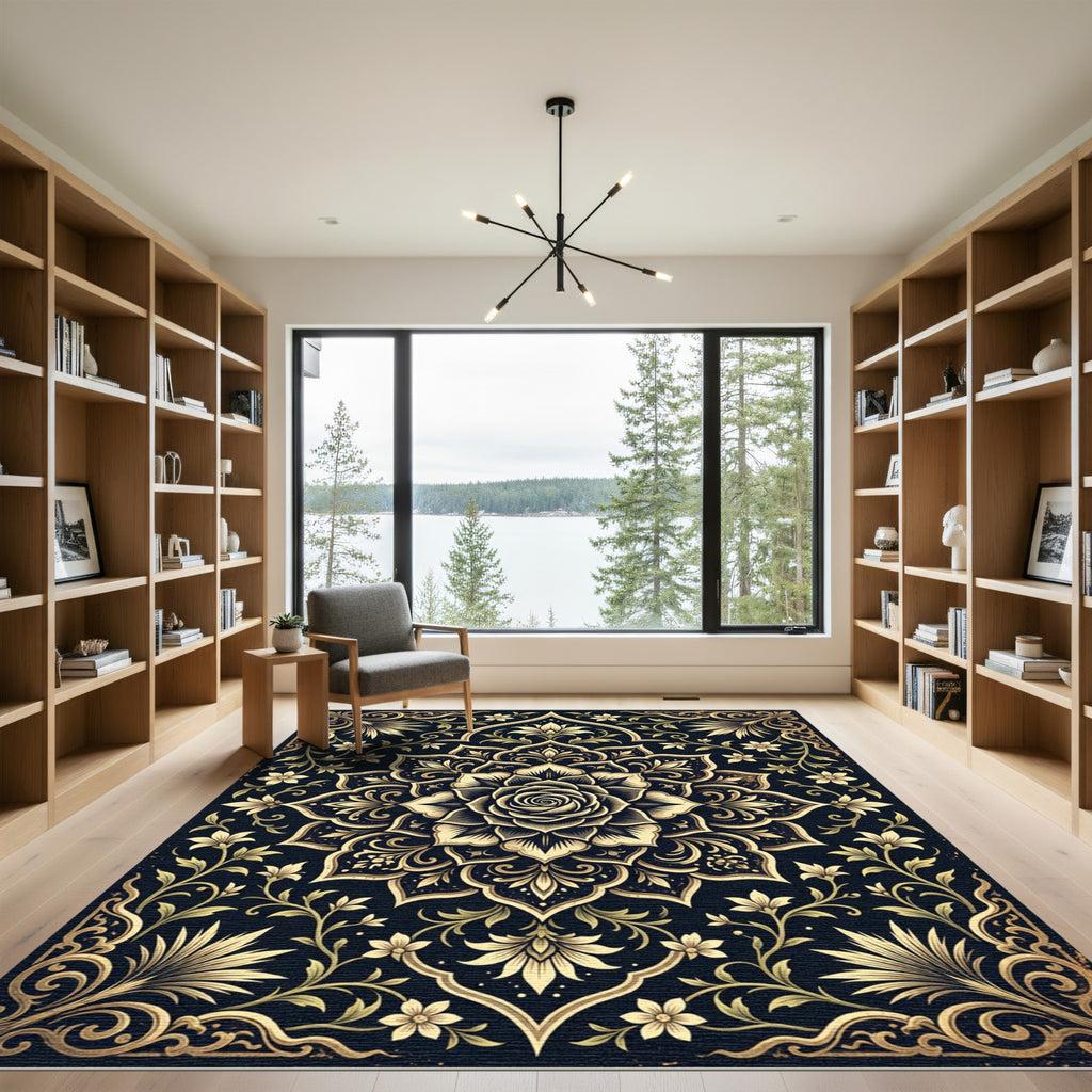 Golden Rose Floral Medallion Black Floor Rug