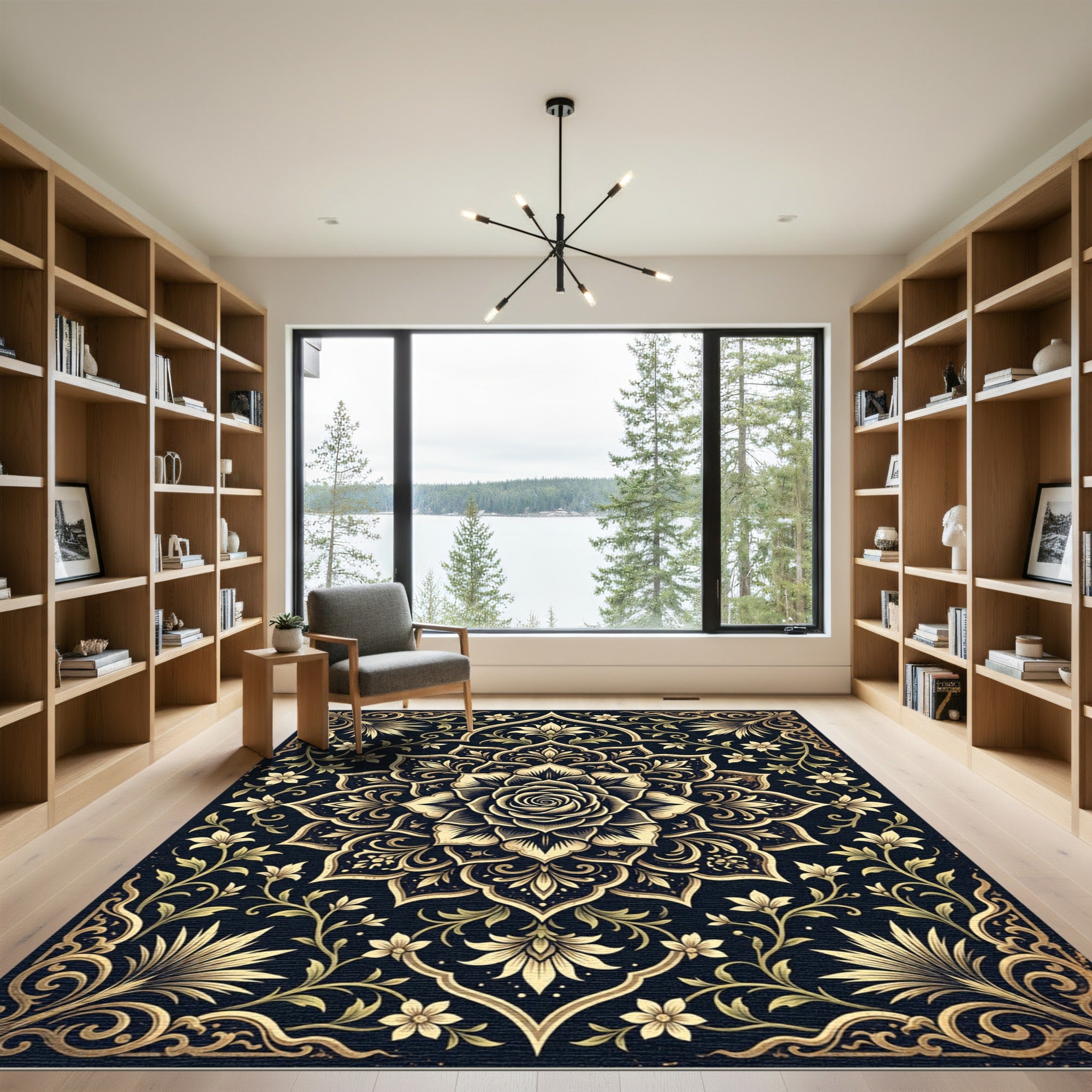 Golden Rose Floral Medallion Black Floor Rug
