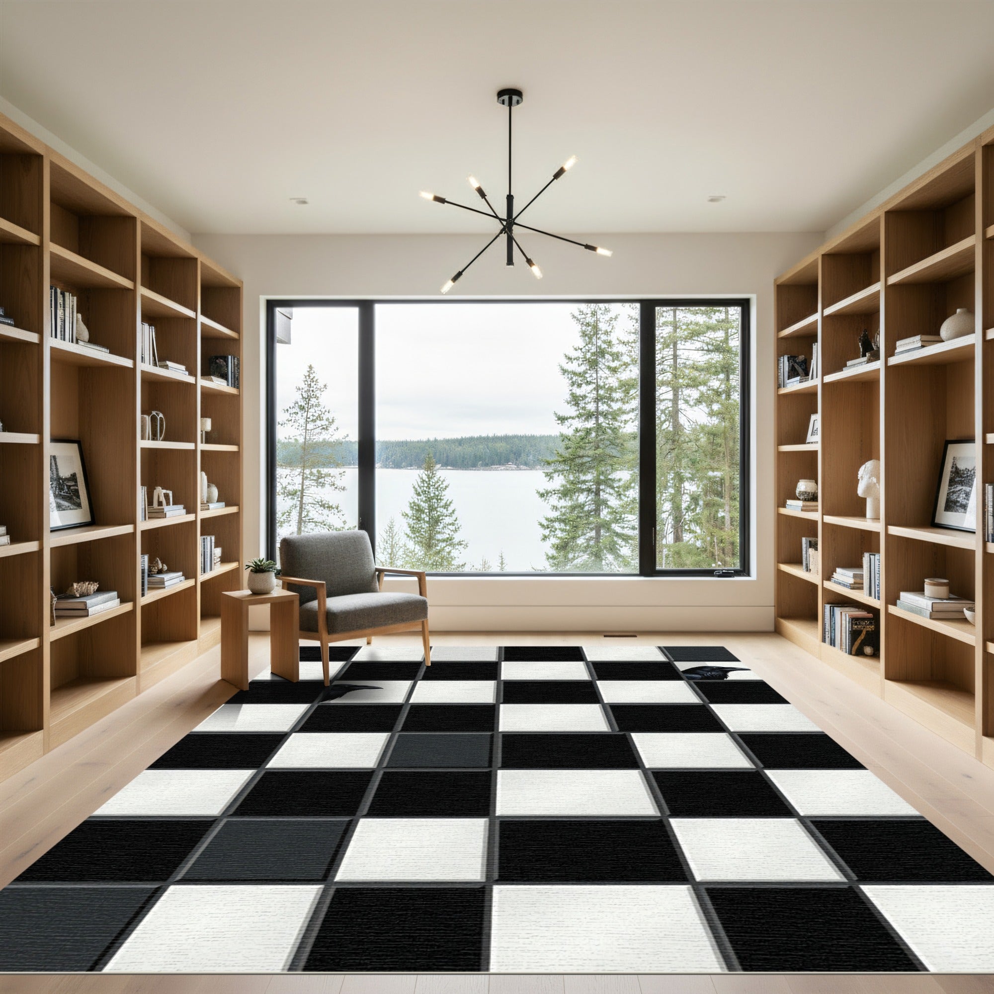 Black White Raven Chessboard Rug