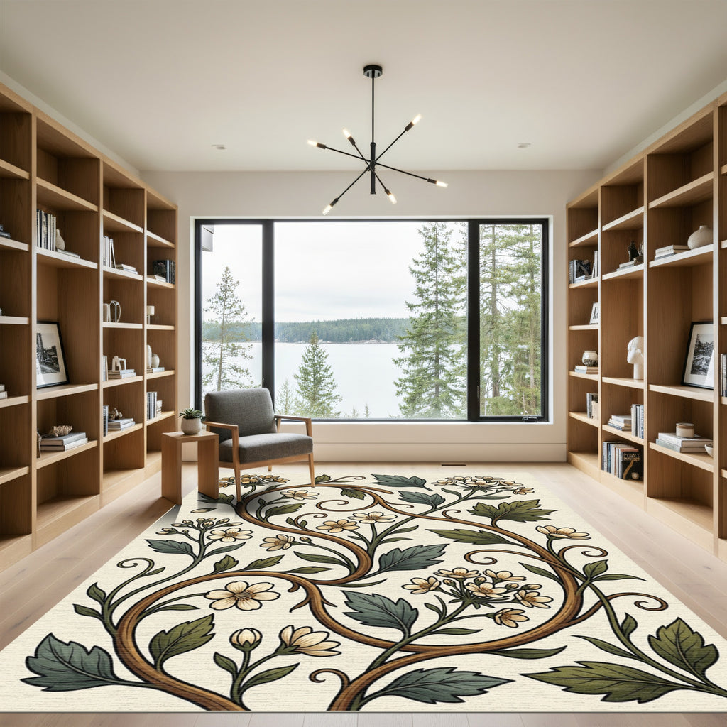 Elegant Cream Botanical Scroll Vine Rug