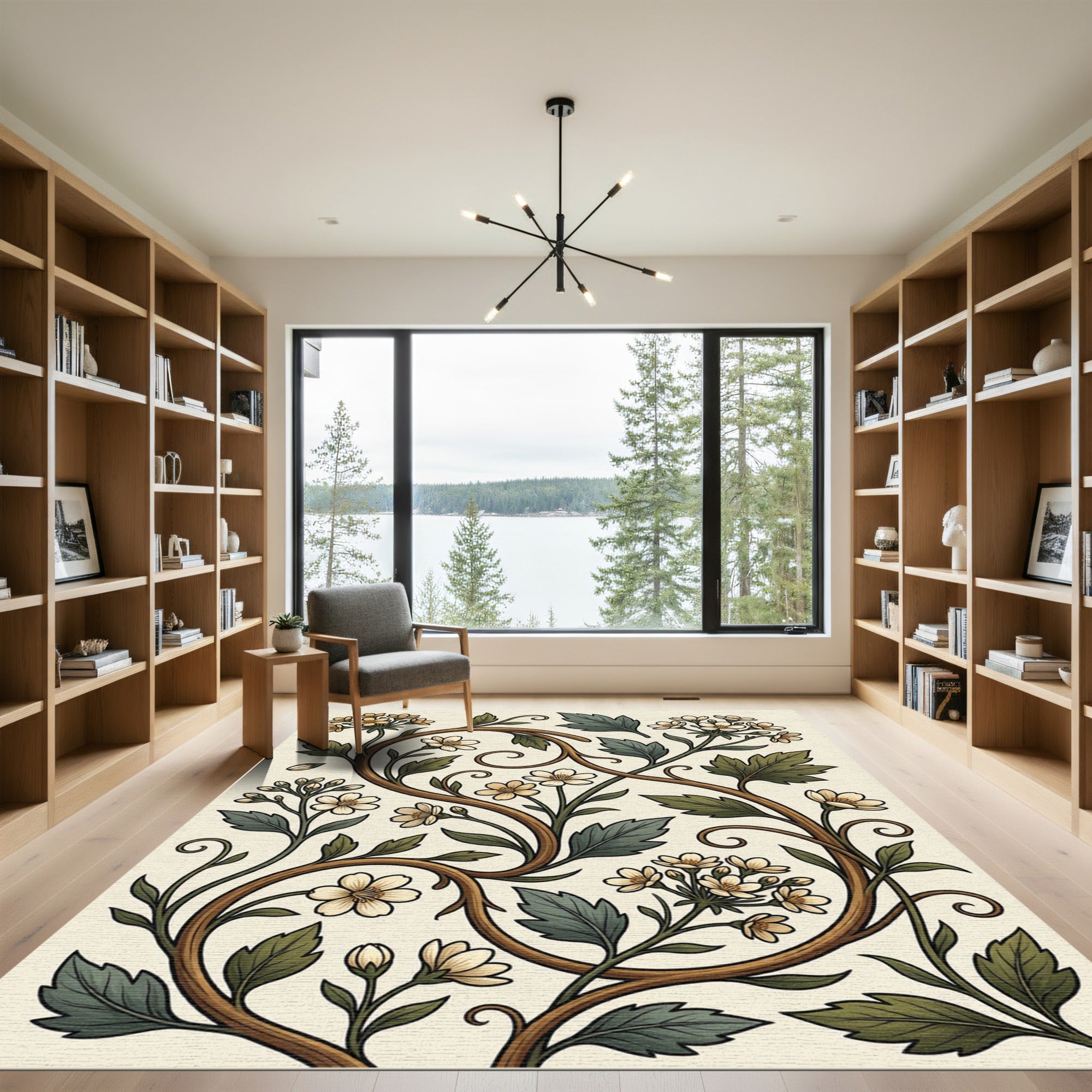 Elegant Cream Botanical Scroll Vine Rug