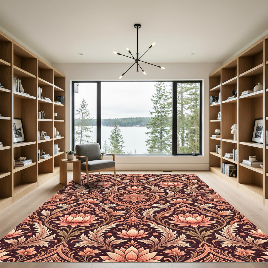 Coral Pink Lotus Floral Damask Rug