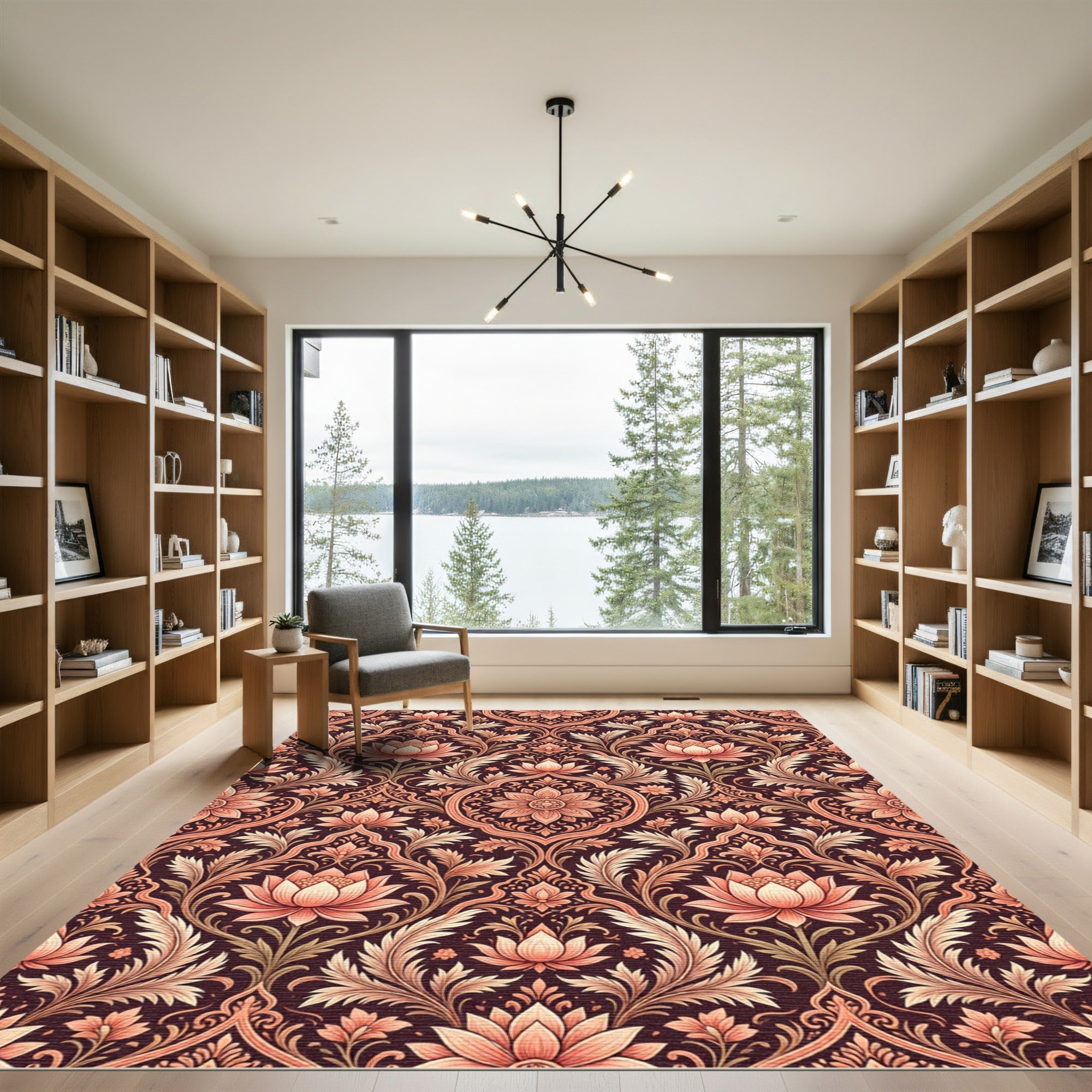 Coral Pink Lotus Floral Damask Rug