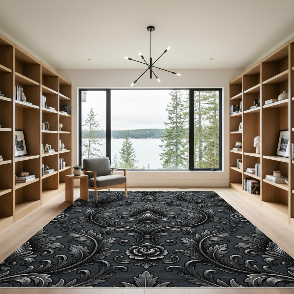 Ornate Charcoal Scrollwork Floral Rug
