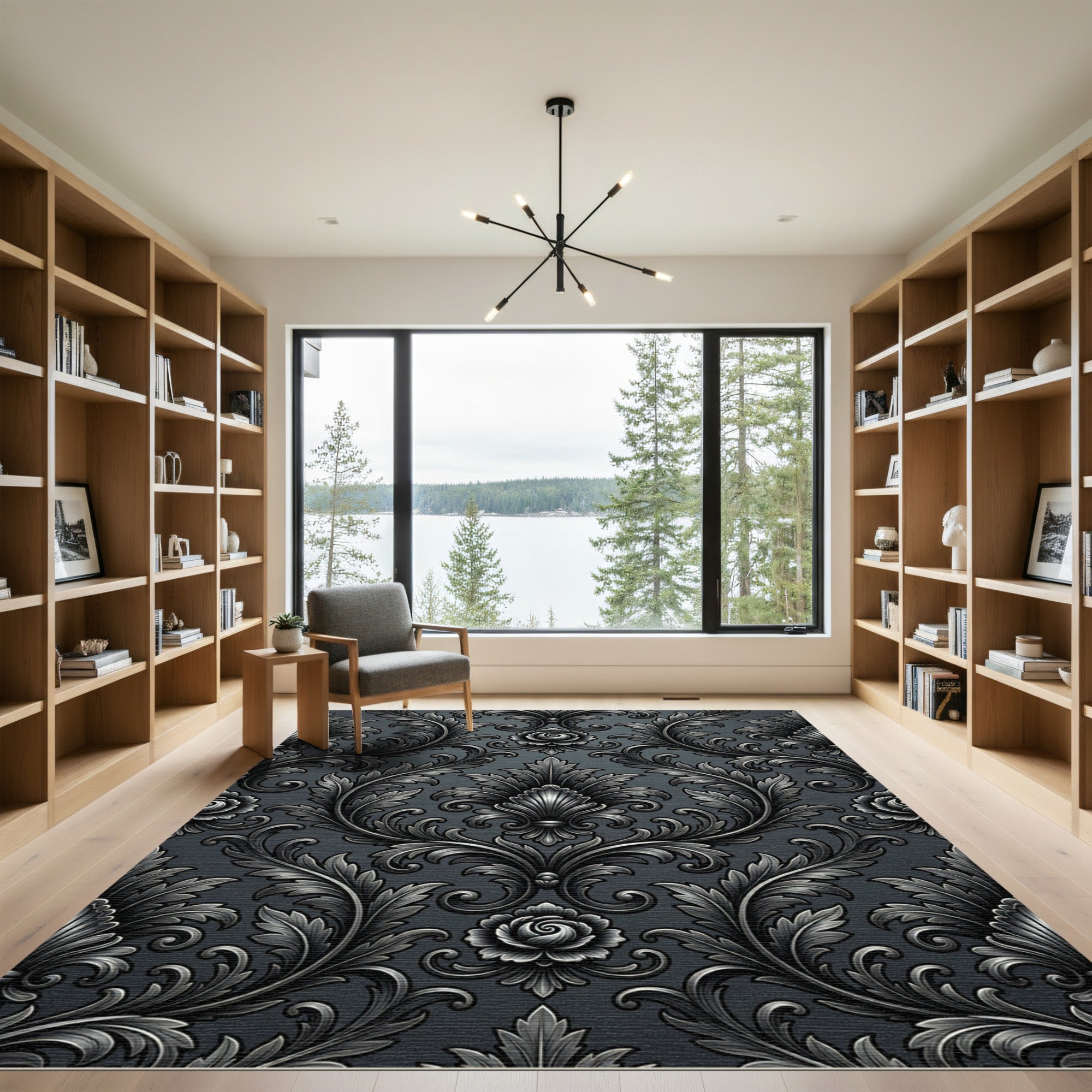 Ornate Charcoal Scrollwork Floral Rug