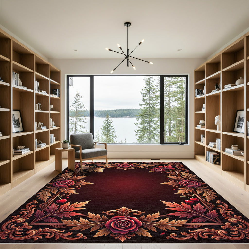 Ornate Red Cherry Rose Scrollwork Rug