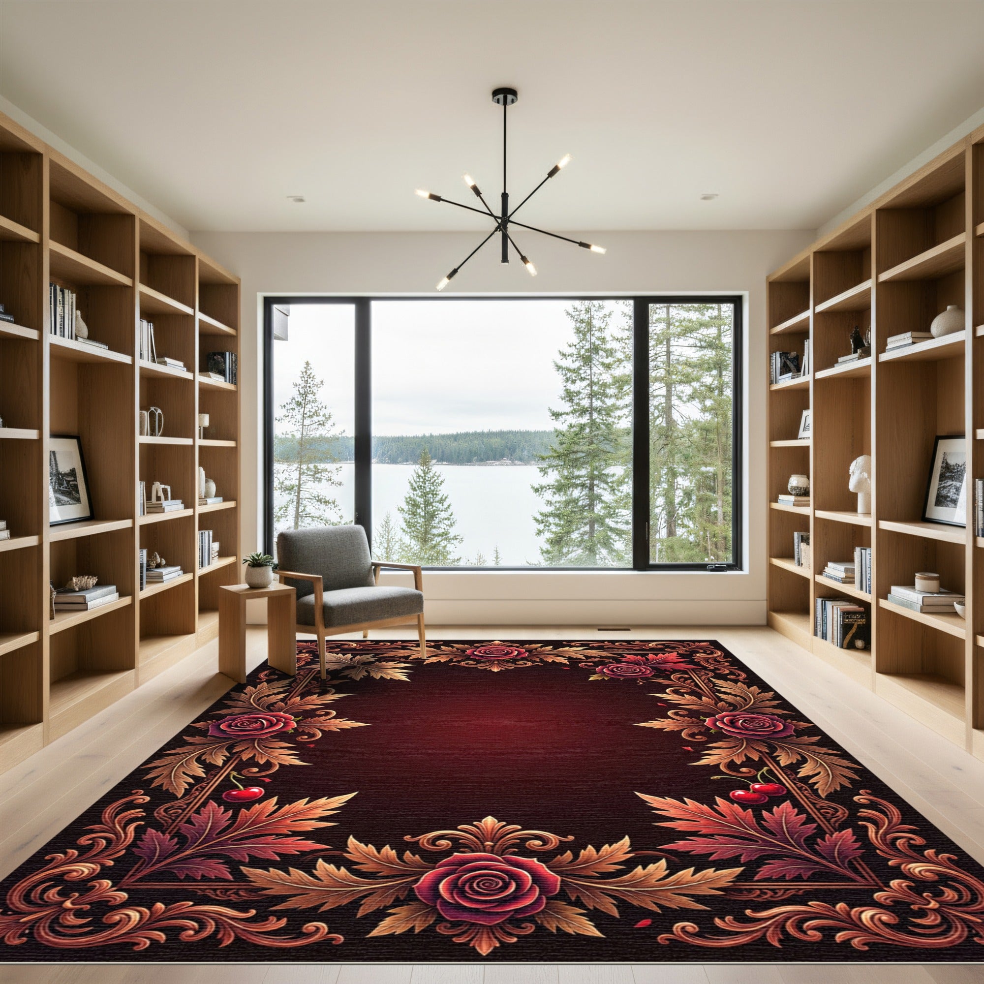 Ornate Red Cherry Rose Scrollwork Rug