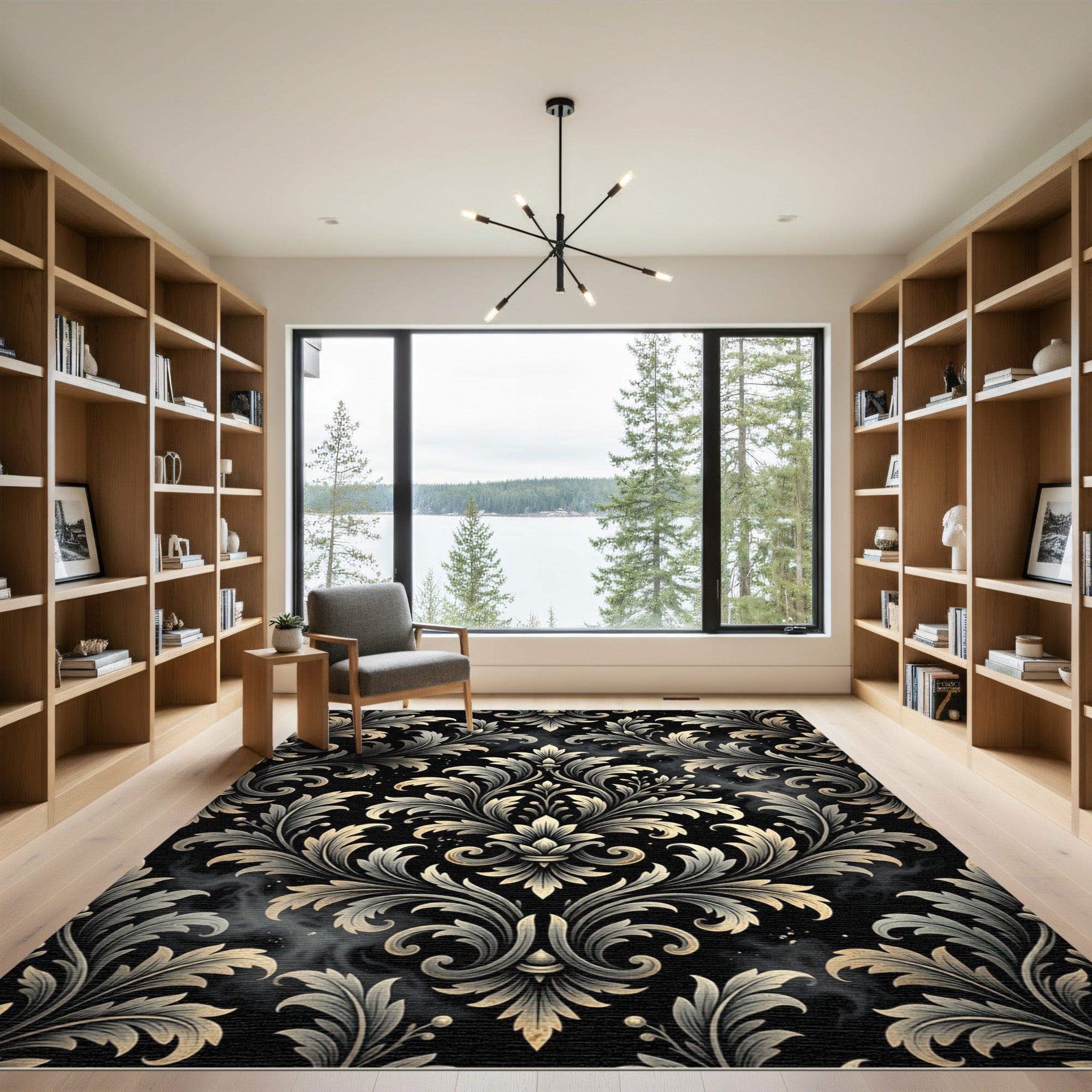 Ornate Black and Gold Damask Swirls Rug