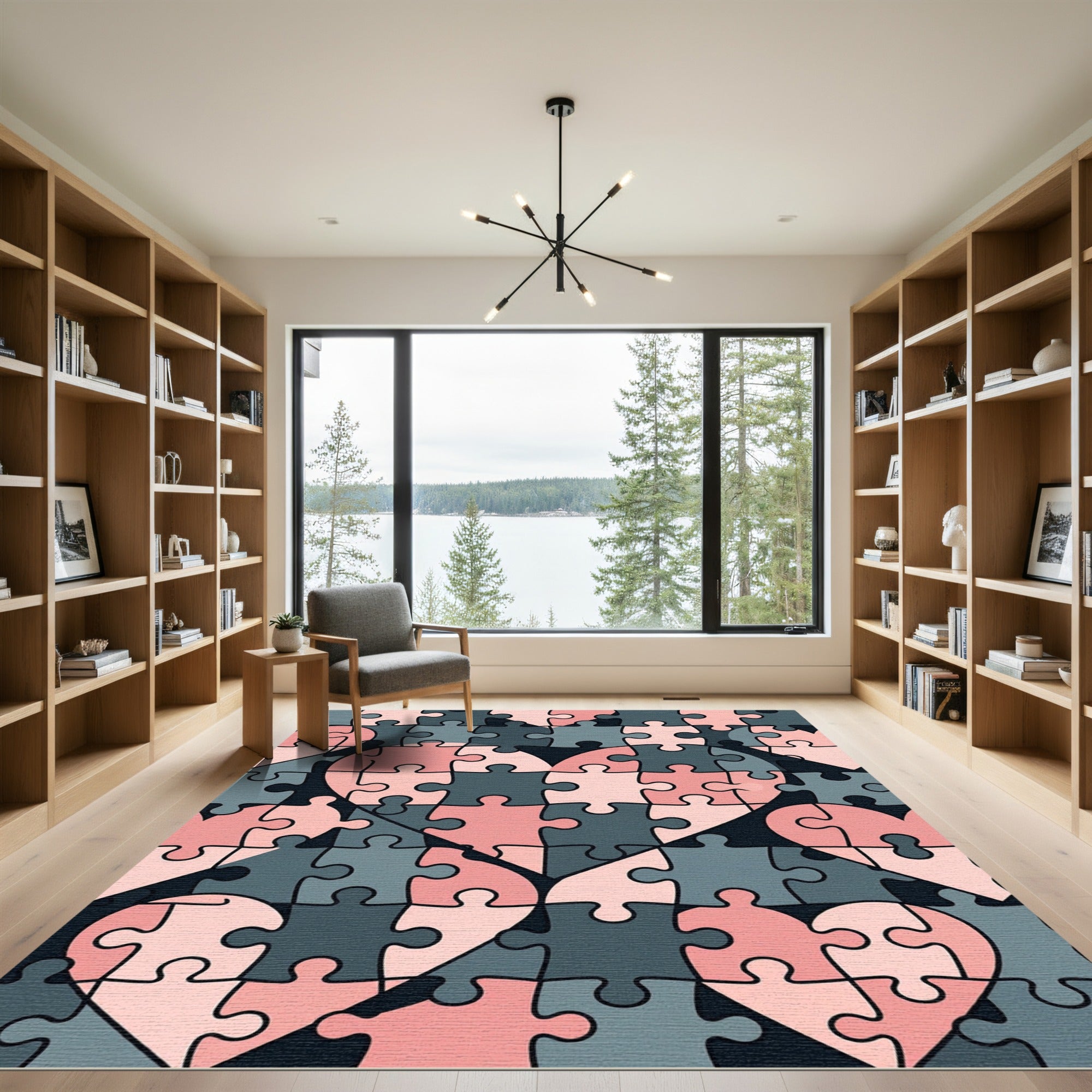 Pink and Charcoal Interlocking Heart Puzzle Rug