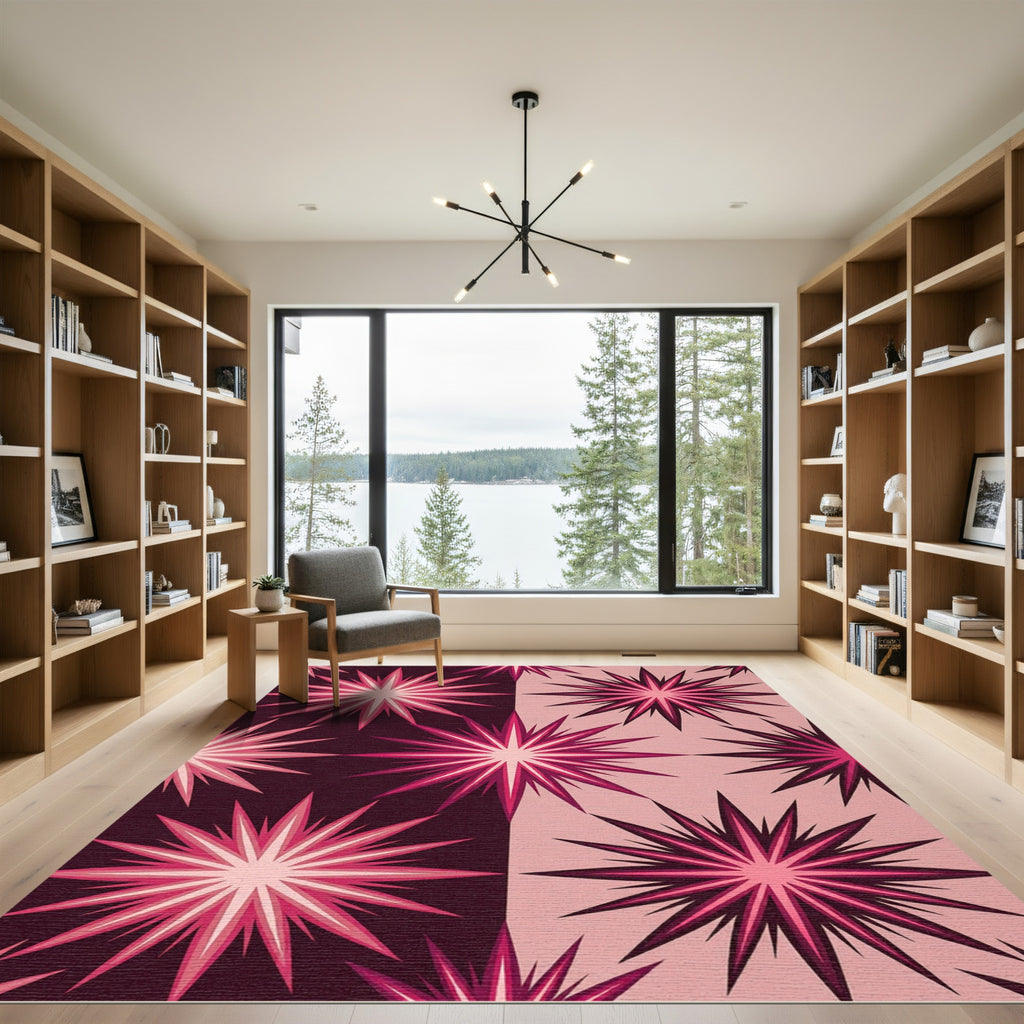 Geometric Burgundy and Pink Starry Burst Rug