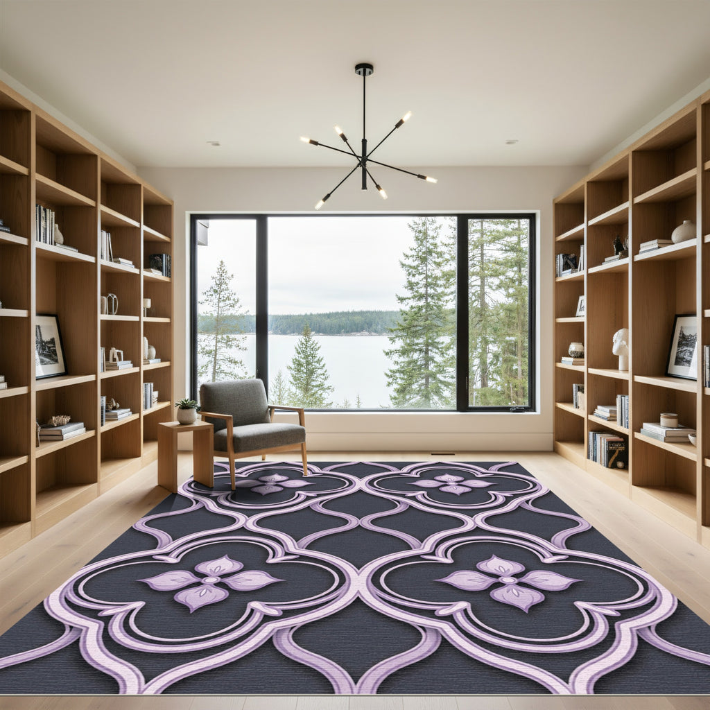 Lavender Damask Lattice Floral Ornament Rug