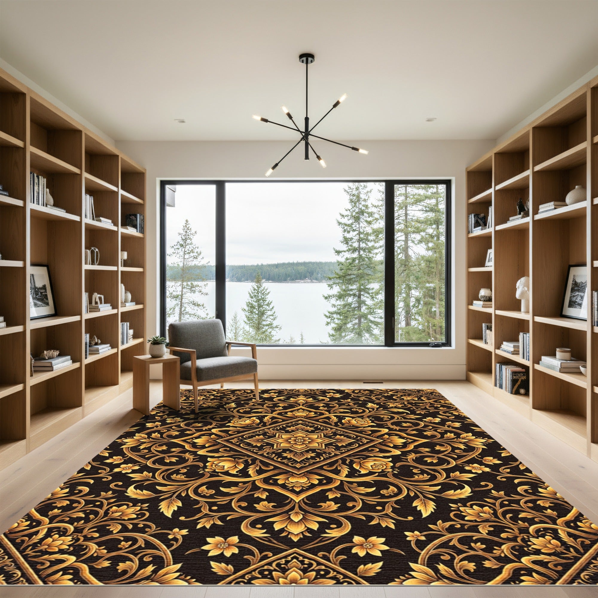 Elegant Golden Floral Damask Medallion Rug