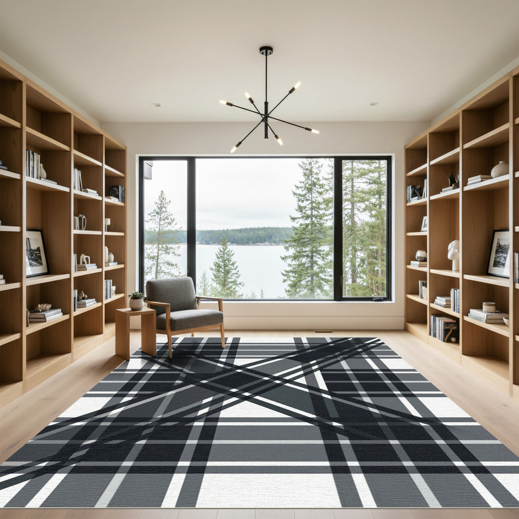 Monochrome Charcoal Plaid Diagonal Grid Rug