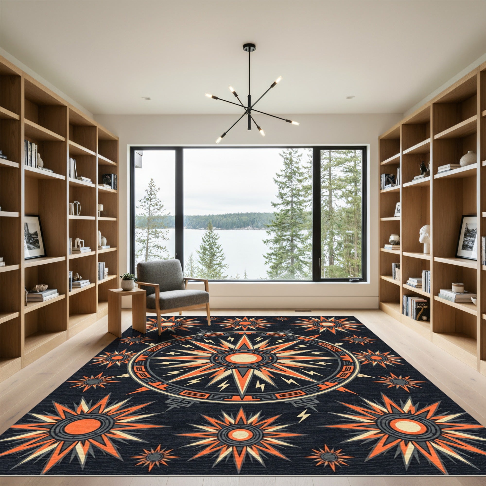 Celestial Orange Compass Starburst Art Rug