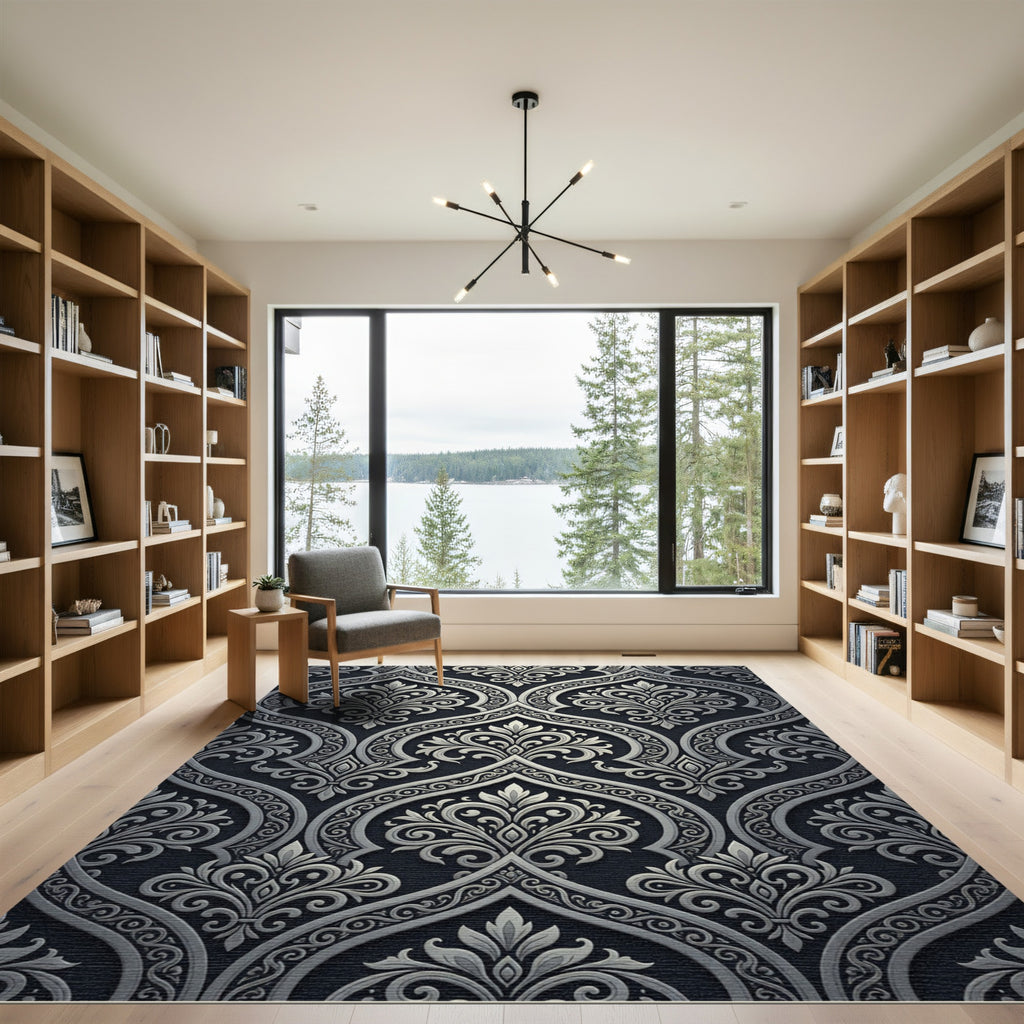 Elegant Black Silver Damask Scroll Rug