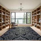 Elegant Black Silver Damask Scroll Rug
