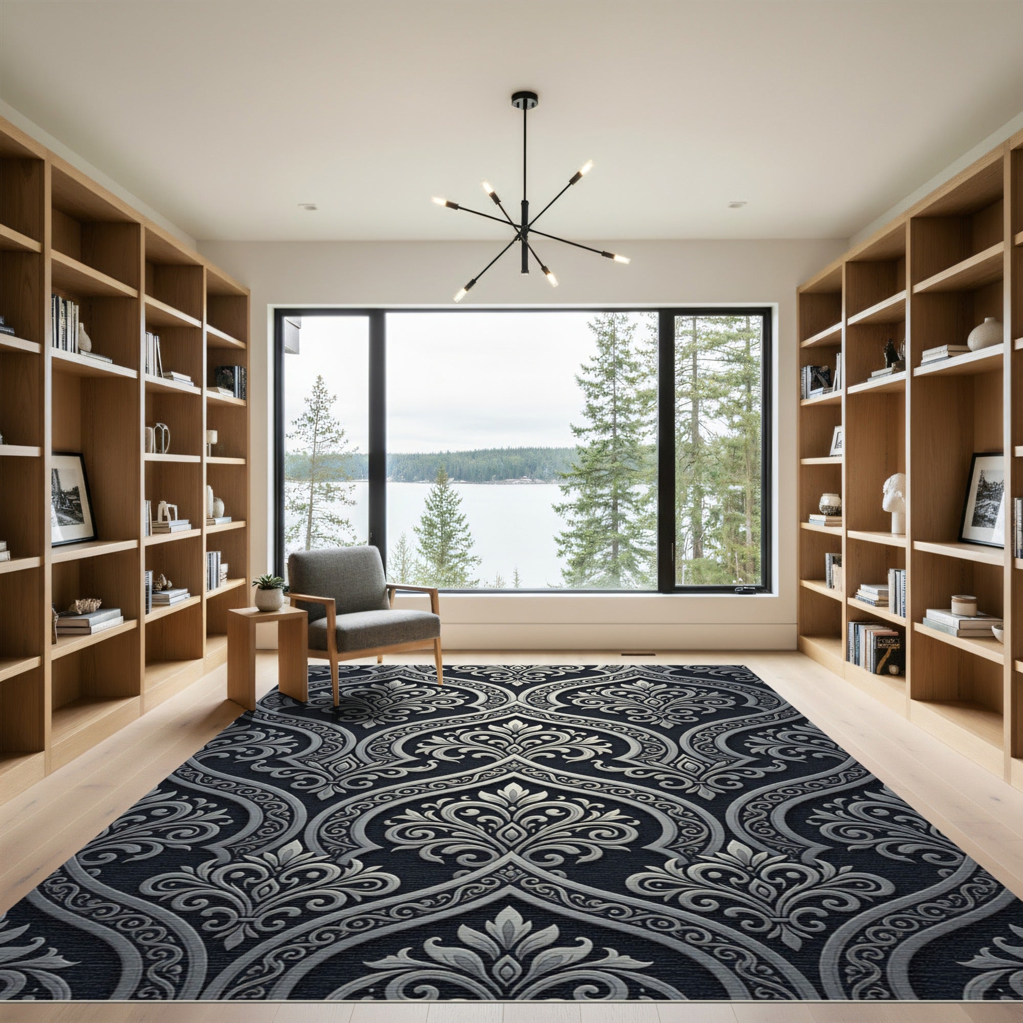 Elegant Black Silver Damask Scroll Rug