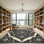 Elegant Charcoal Cream Floral Medallion Rug