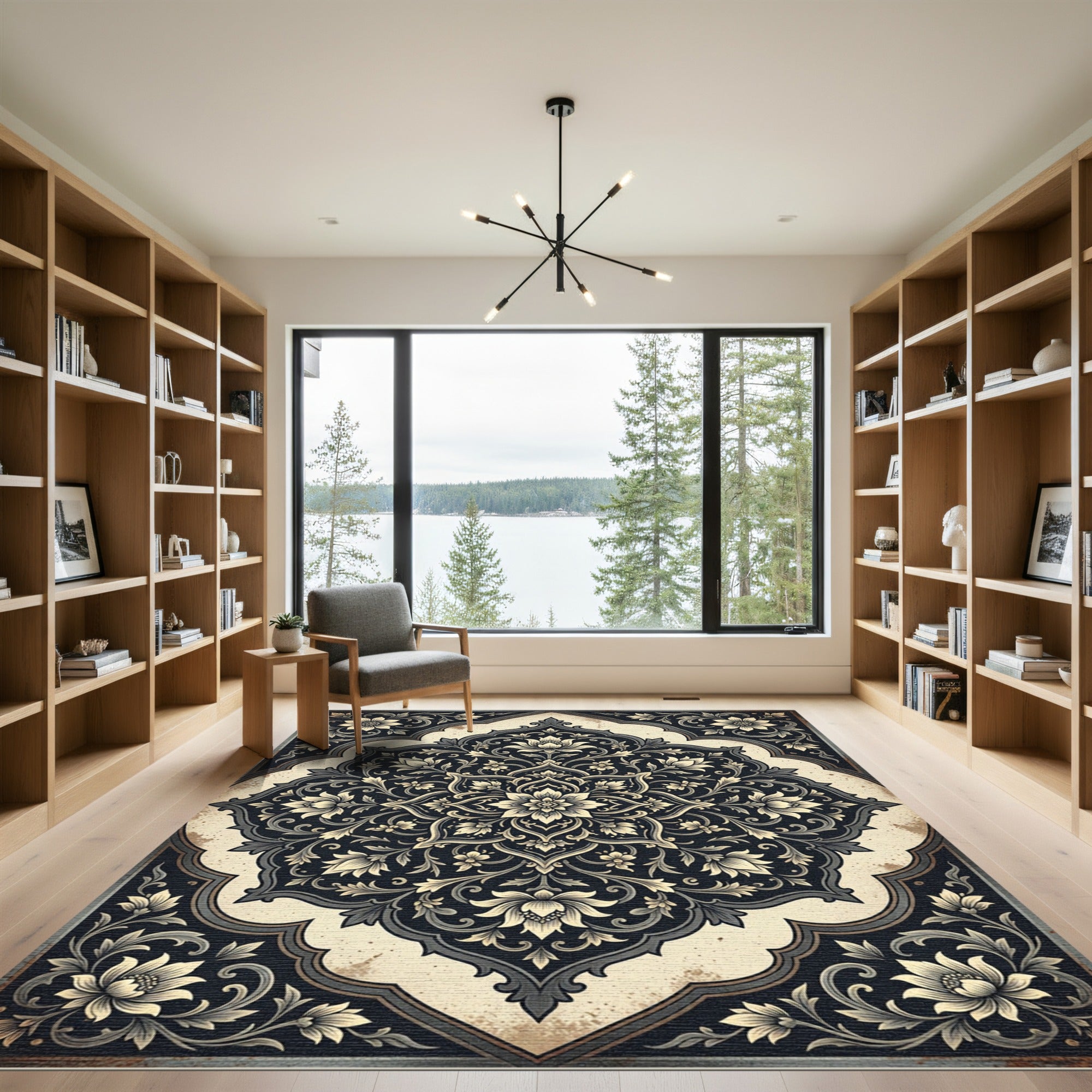 Elegant Charcoal Cream Floral Medallion Rug