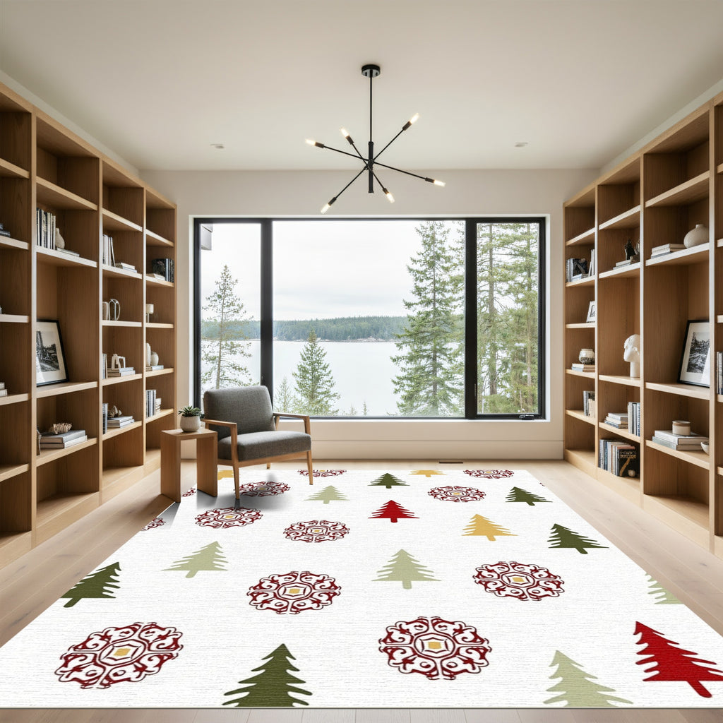 Red Burgundy Evergreen Starburst Trees Rug