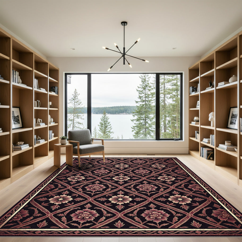 Dark Burgundy Floral Geometric Vine Rug