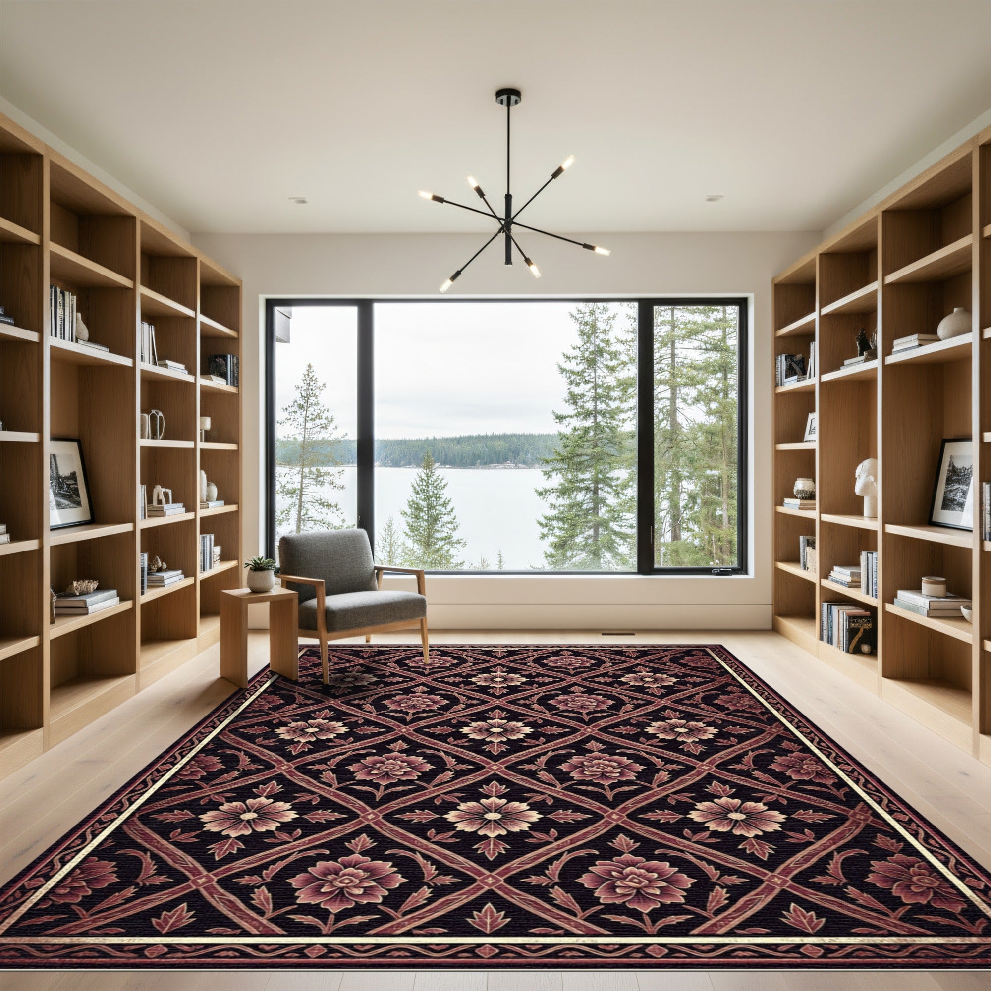 Dark Burgundy Floral Geometric Vine Rug