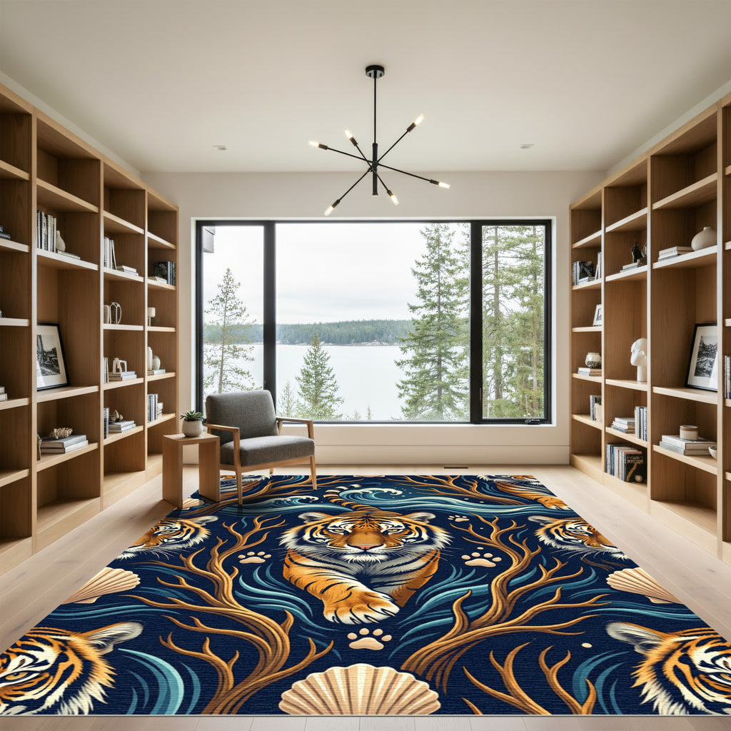 Bold Tiger Amidst Oceanic Waves Rug
