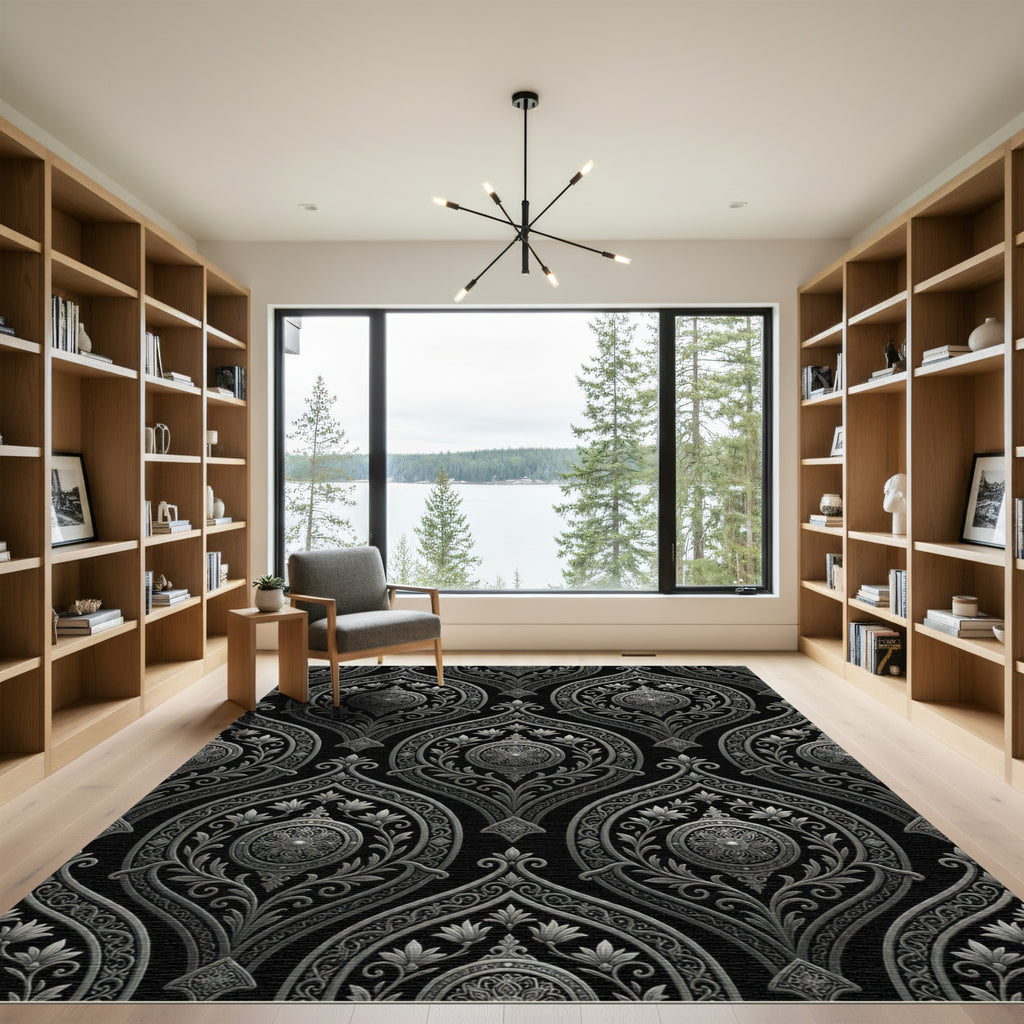 Elegant Metallic Silver Damask Medallion Rug