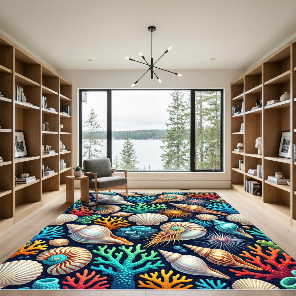 Vibrant Oceanic Coral Reef Nautical Seashell Rug