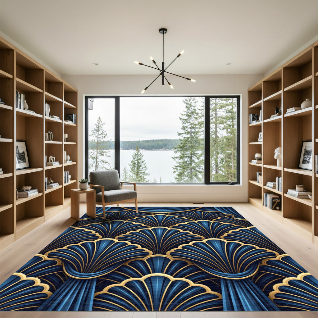 Art Deco Blue Gold Fan Medallion Rug