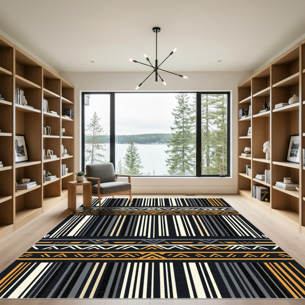 Tribal Black Orange Geometric Stripes Rug