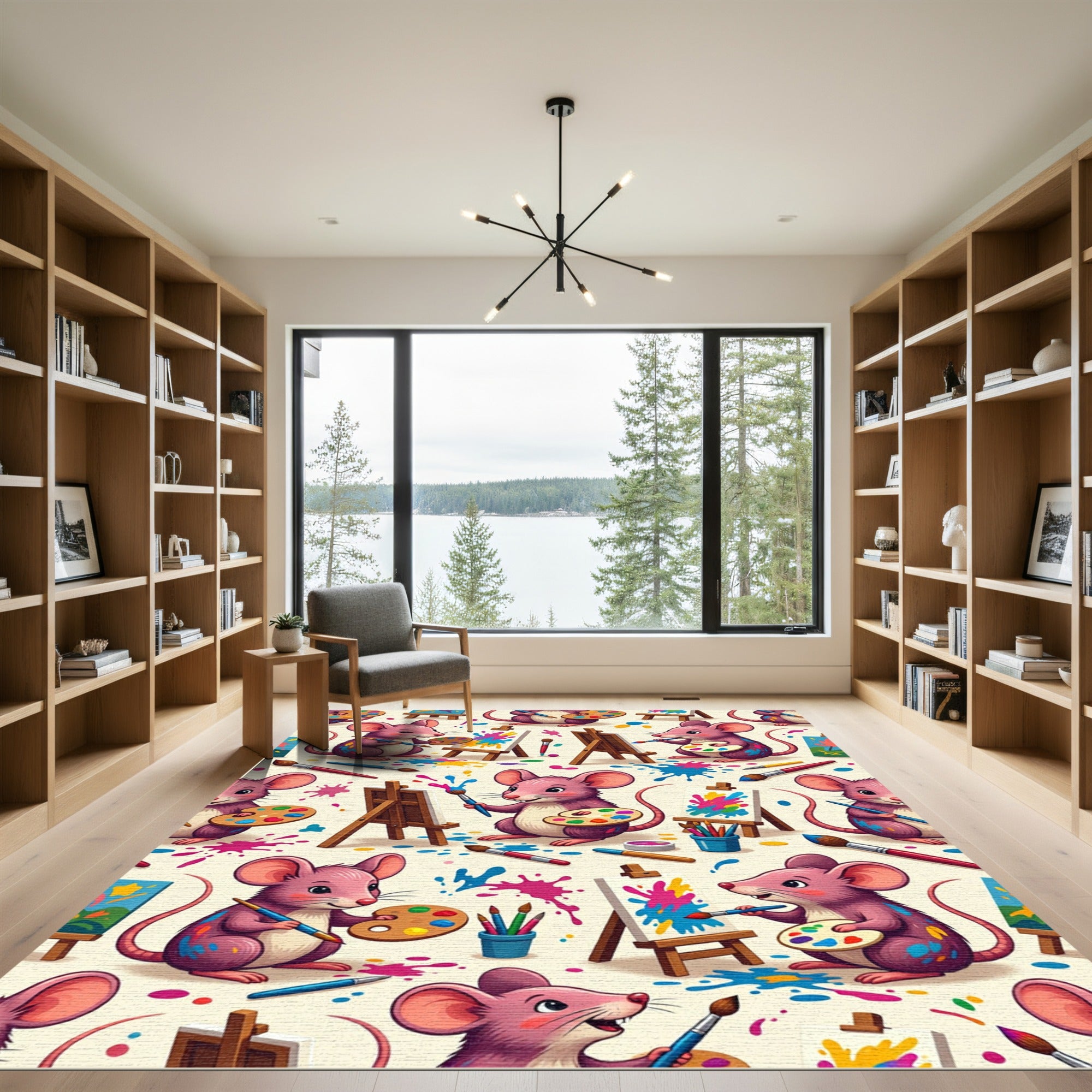 Whimsical Pink Mouse Artist Painting Rug