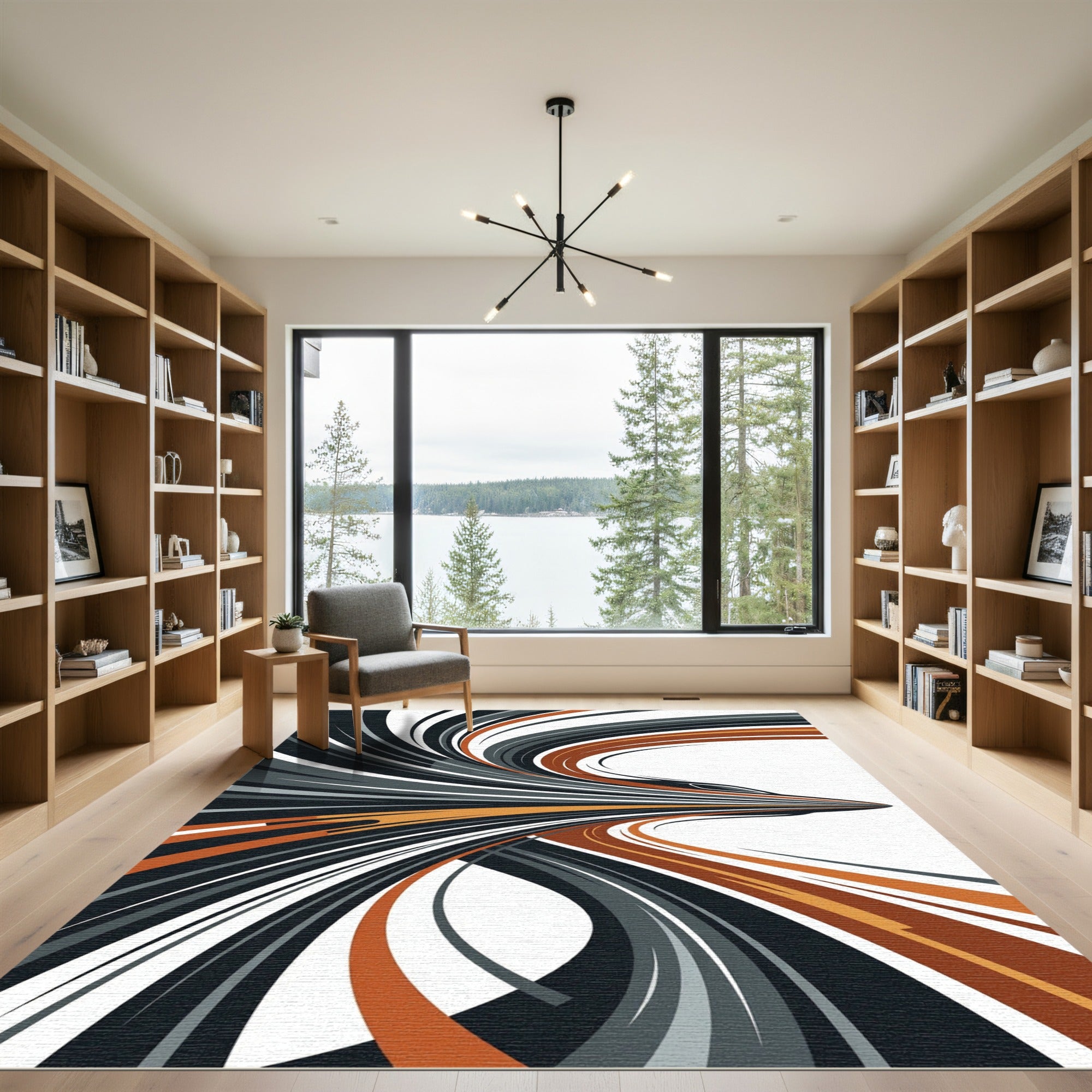 Modern Abstract Charcoal and Copper Streamline Rug