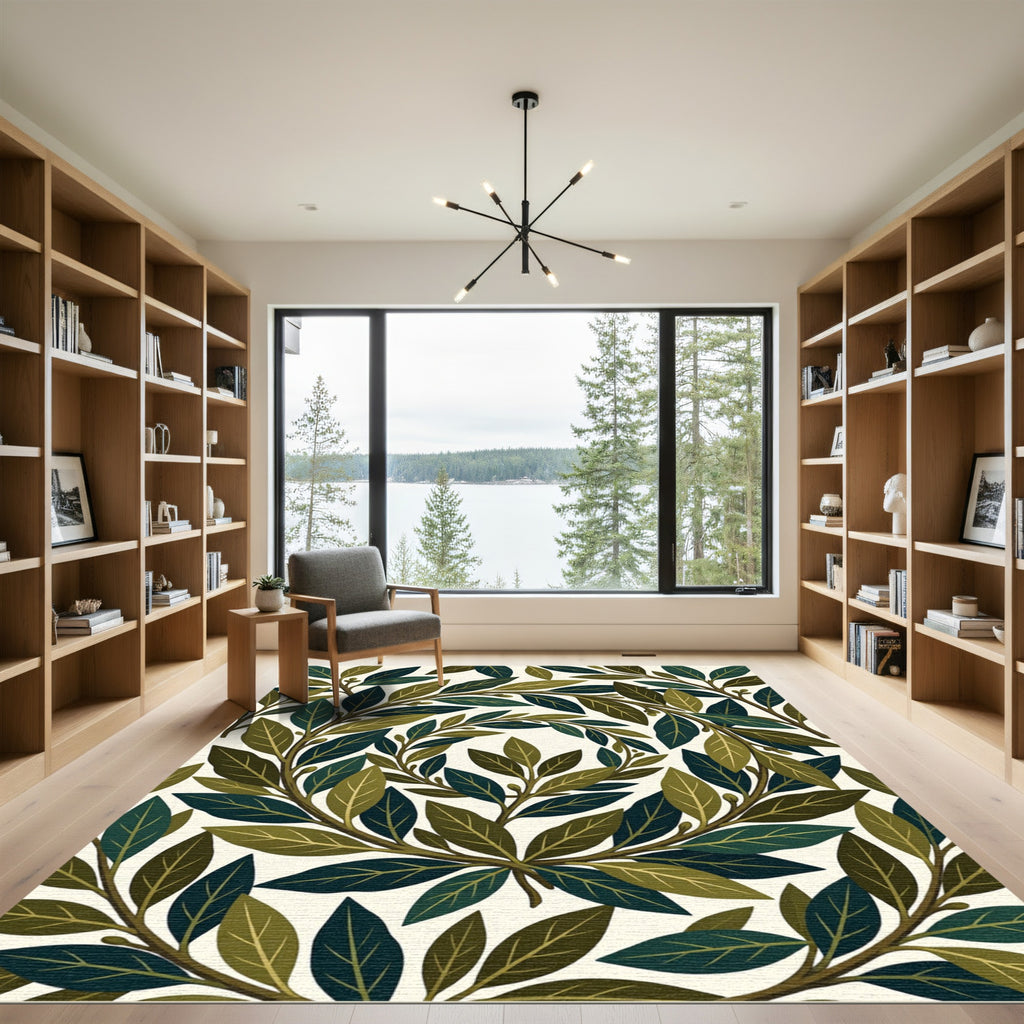 Lush Green Botanical Laurel Leaf Wreath Rug