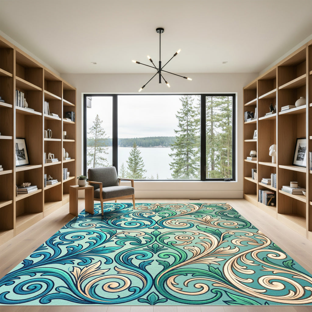 Elegant Teal and Cream Victorian Scroll Rug