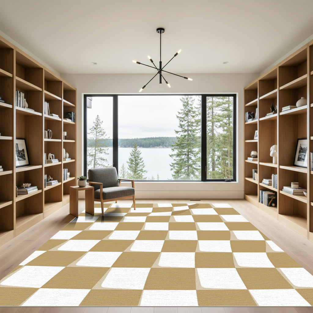 Golden White Woven Checkered Waves Rug