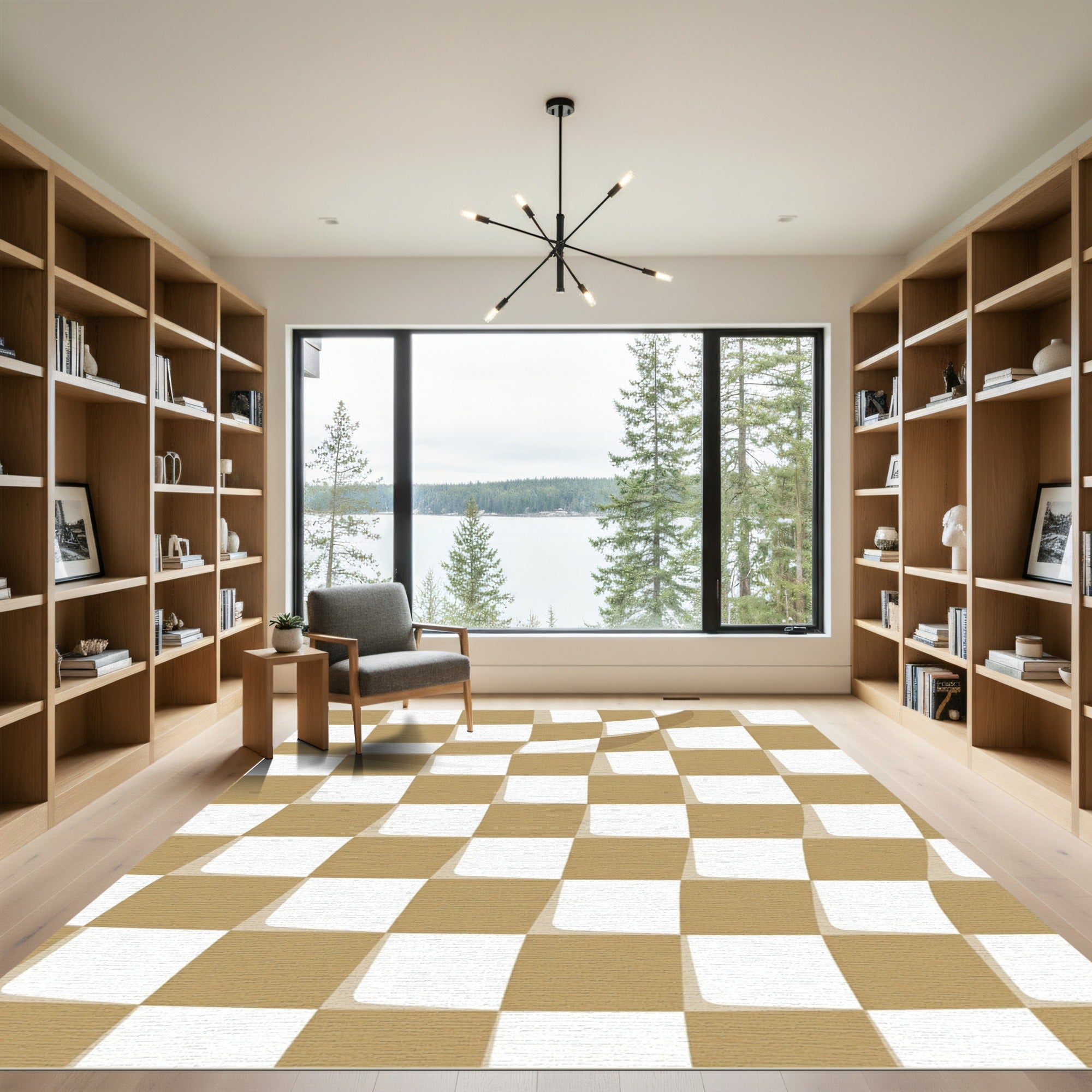 Golden White Woven Checkered Waves Rug