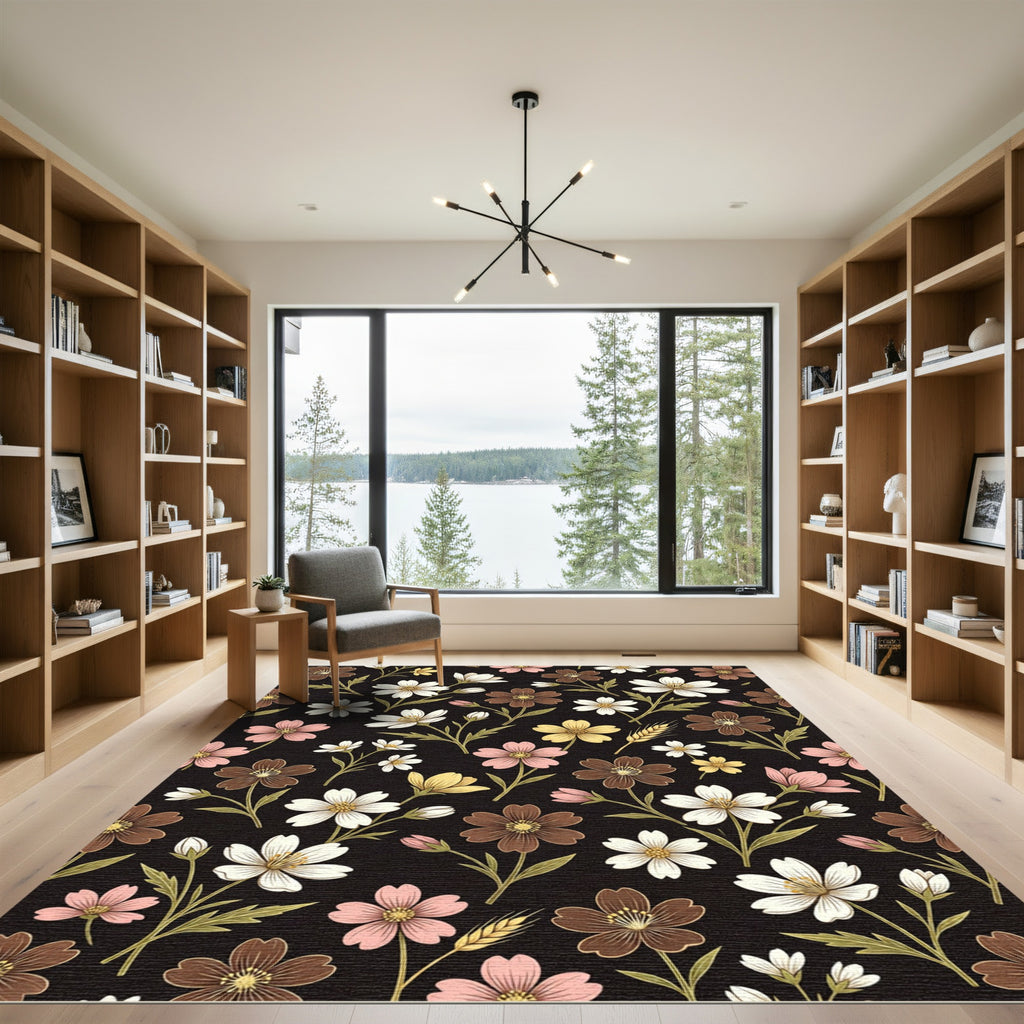 Brown Pink White Yellow Floral Scatter Rug