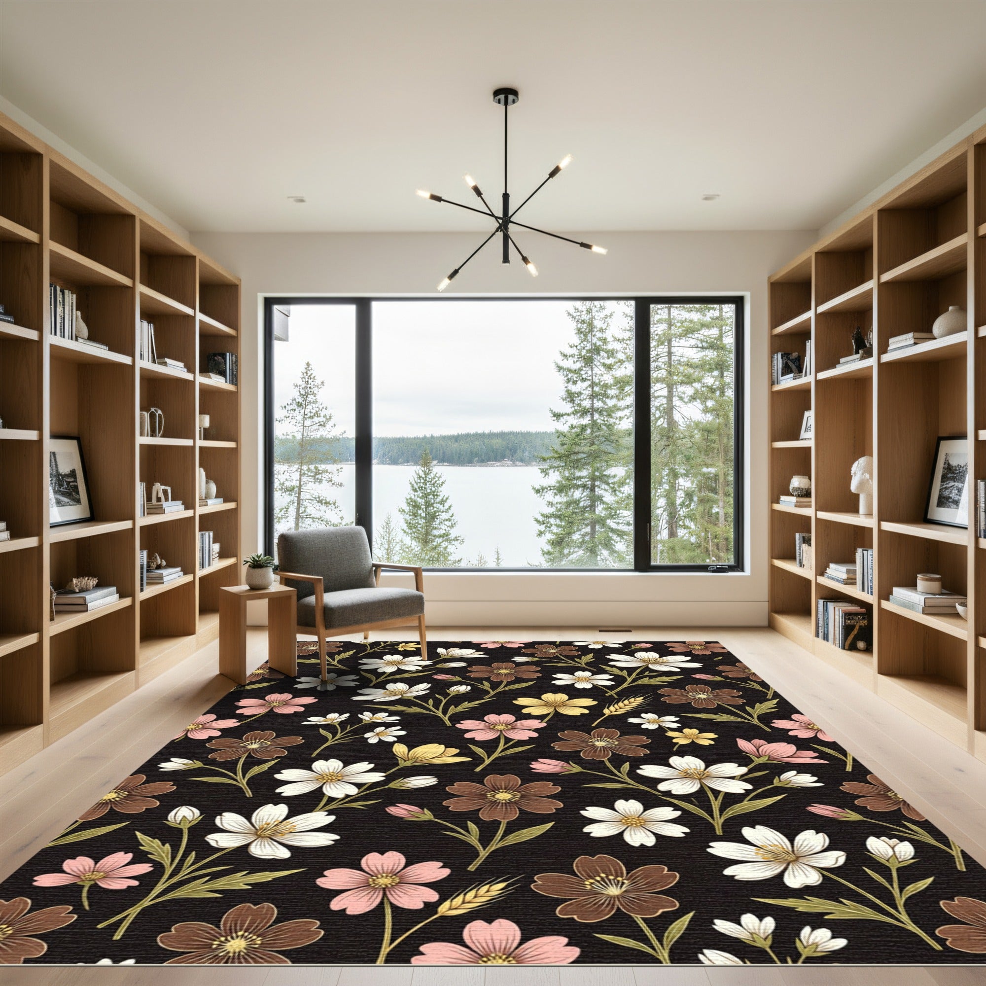 Brown Pink White Yellow Floral Scatter Rug