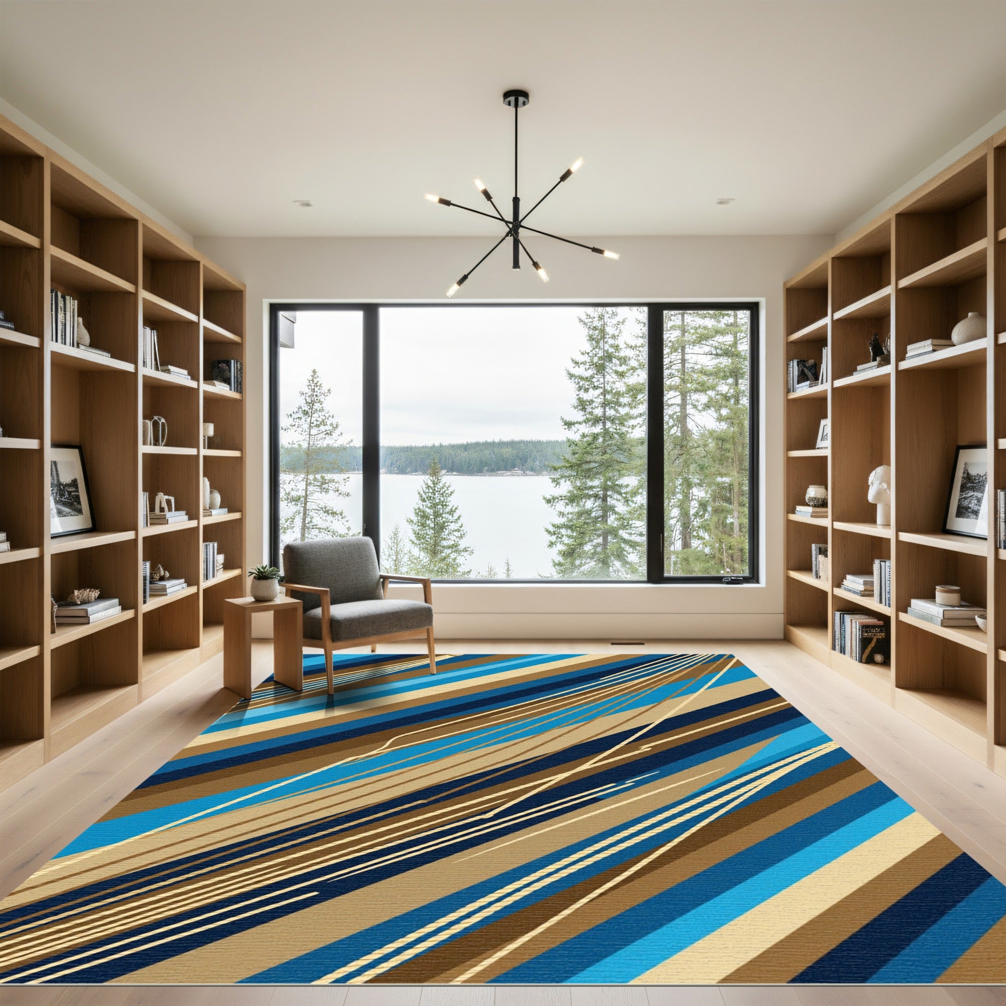 Modern Blue and Gold Abstract Stripe Rug