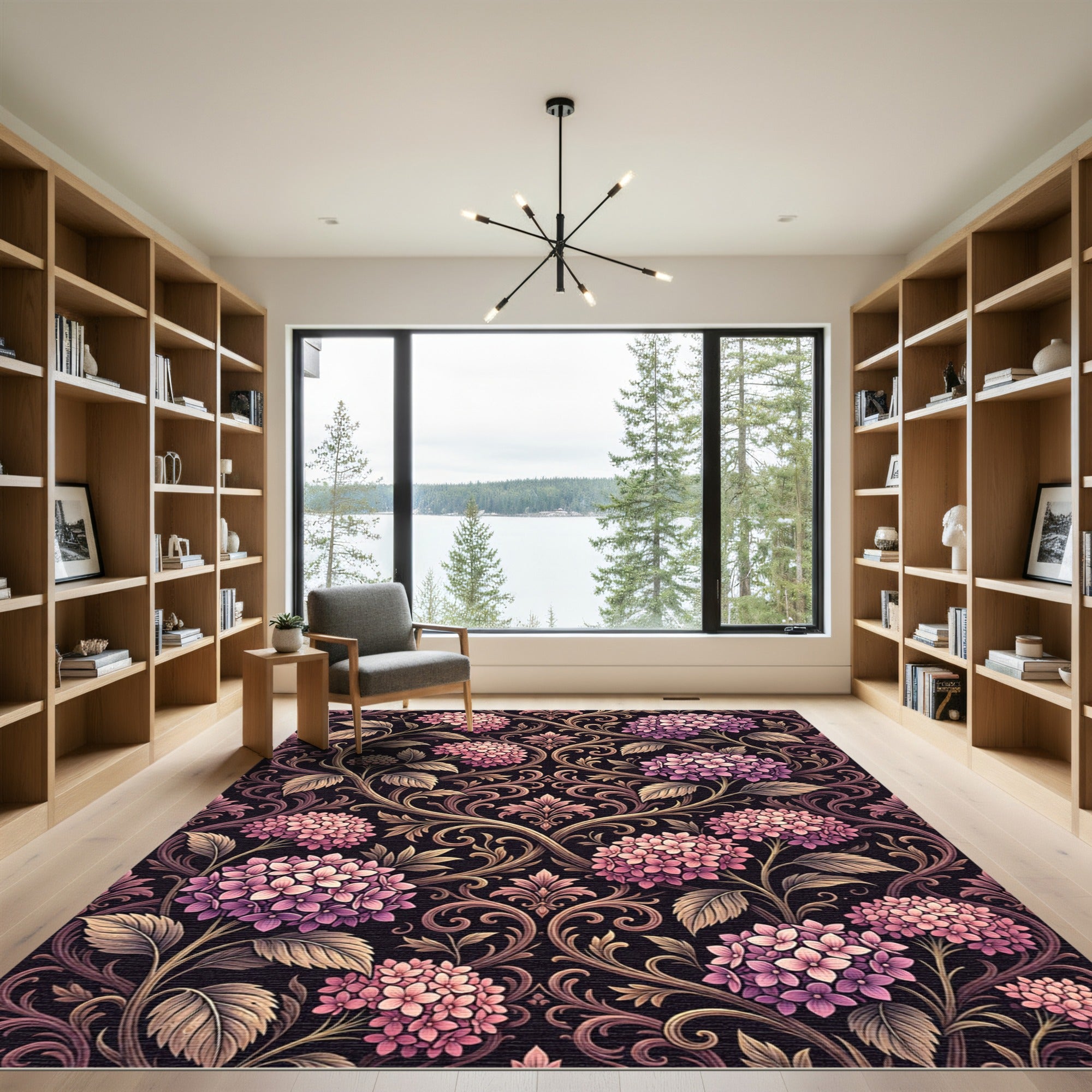 Elegant Plum Hydrangea Victorian Scroll Rug