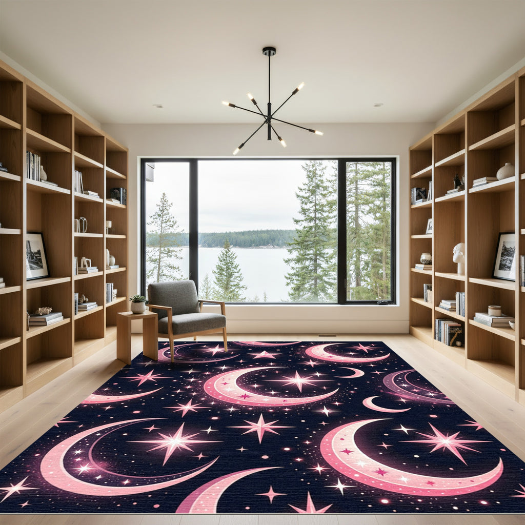 Celestial Pink Moons Starry Night Rug