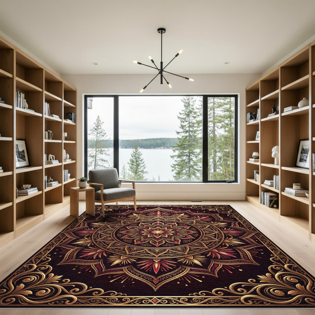 Crimson Gold Floral Mandala Rug