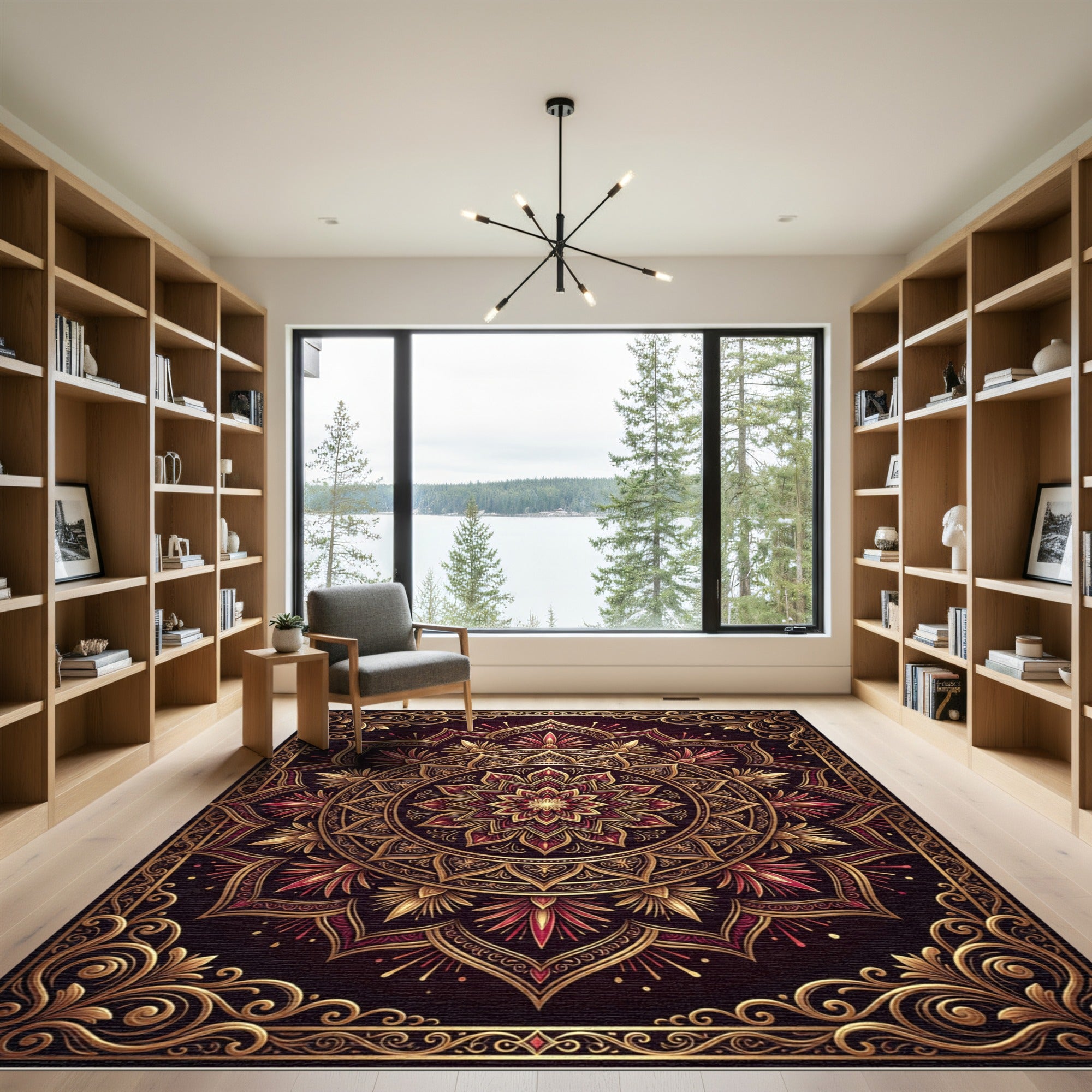 Crimson Gold Floral Mandala Rug