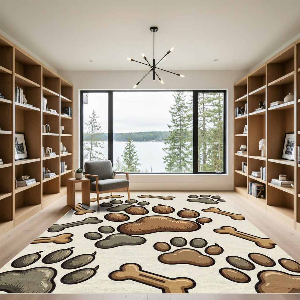 Playful Brown Paw and Bone Illustration Rug
