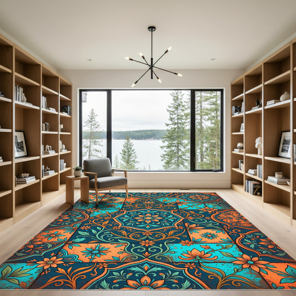 Teal and Orange Floral Tile Medallion Rug