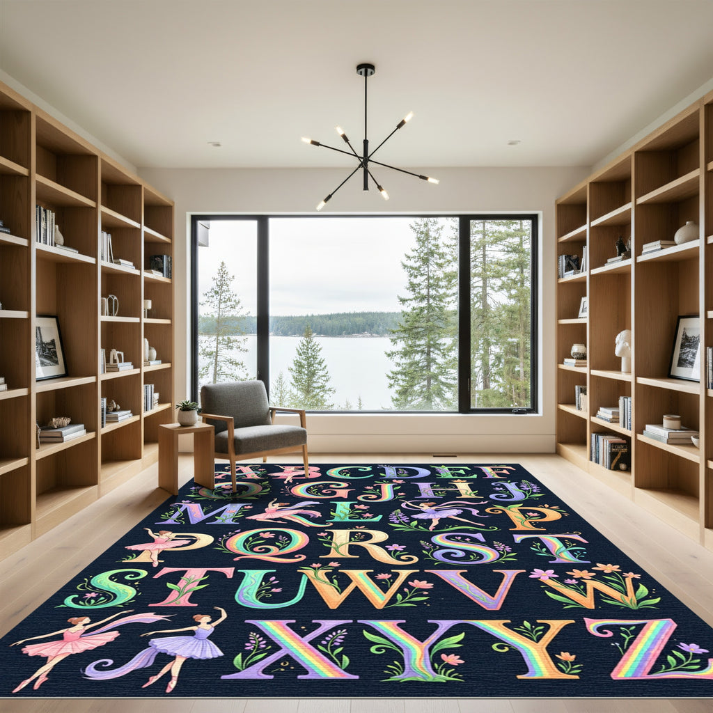 Whimsical Floral Ballerina Alphabet Rainbow Typography Rug