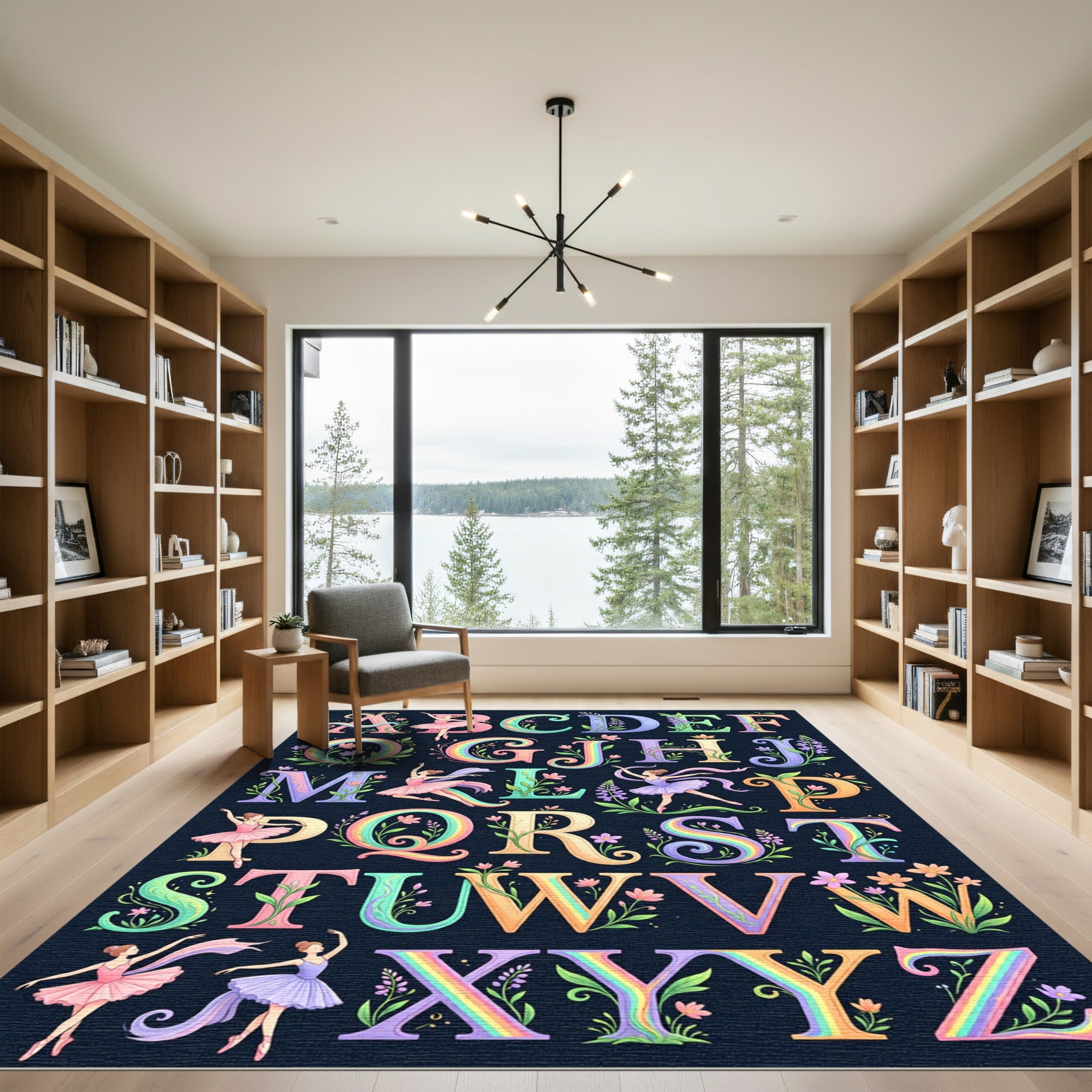 Whimsical Floral Ballerina Alphabet Rainbow Typography Rug
