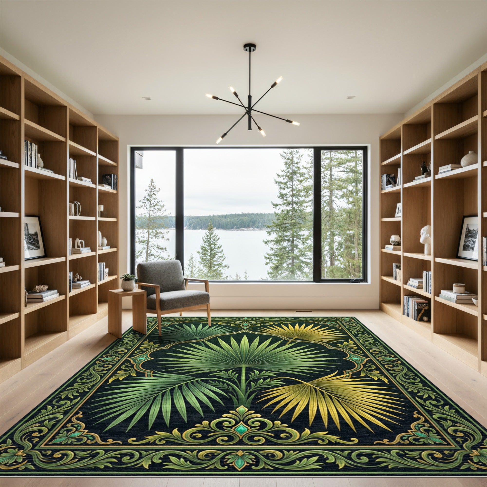 Emerald Green Tropical Palm Leaf Frame Rug